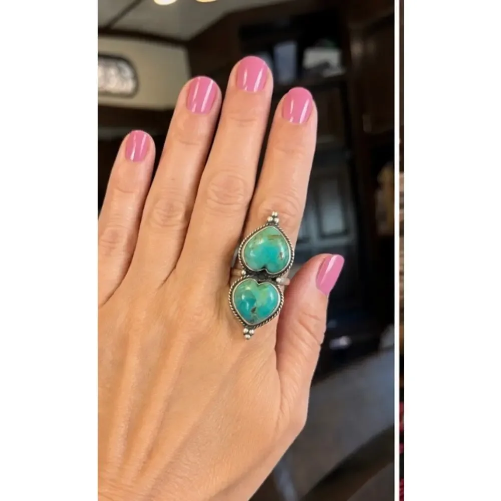 Large Double Heart Kingman Mojave Turquoise Sterling Silver Statement Ring